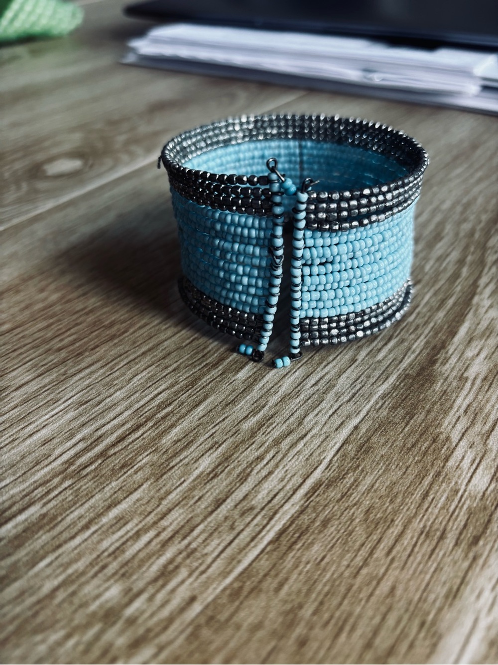 Beaded Color Block Cuff in Turquoise & Silver Micro Stones
